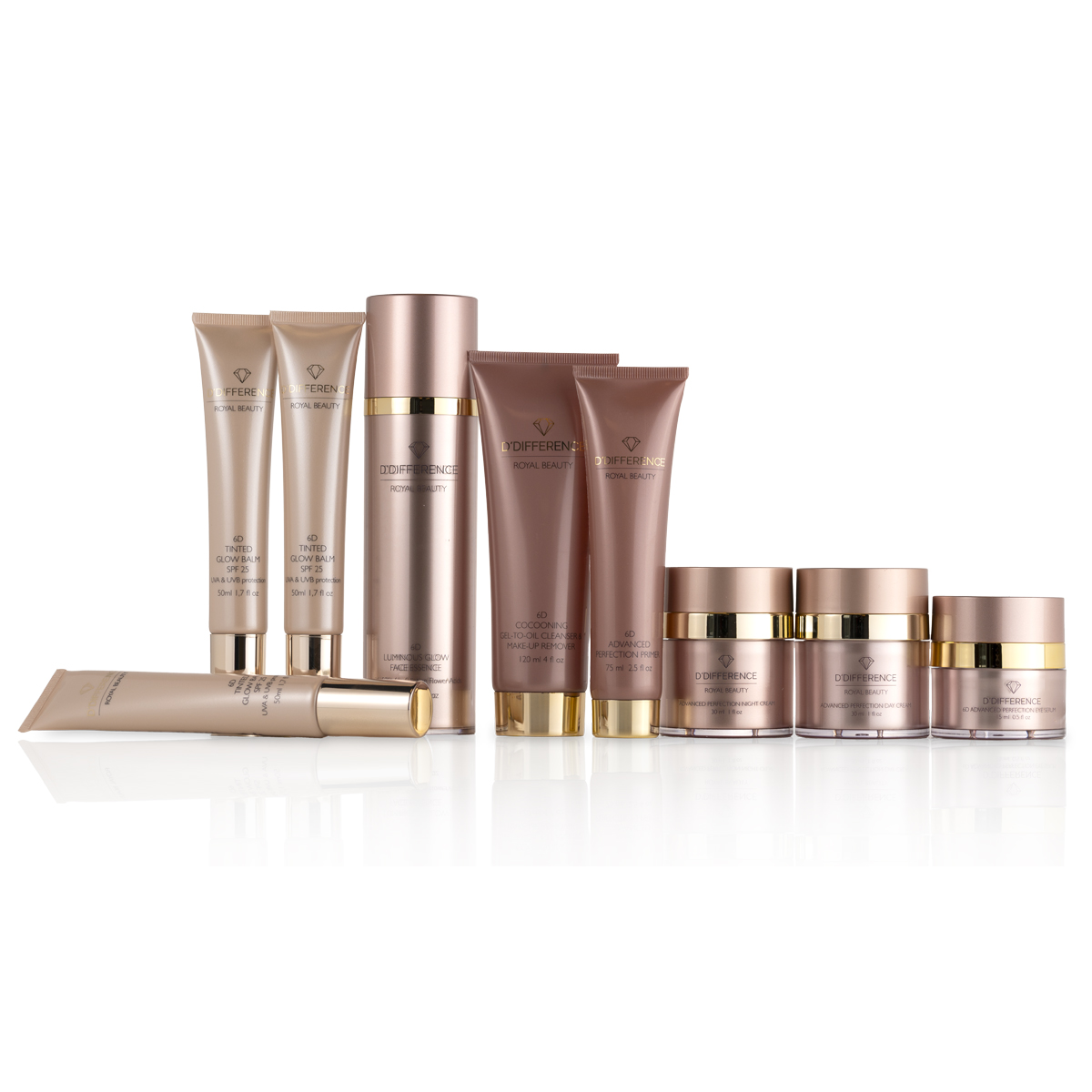 Set of 9 different 6D Royal Beauty premium skincare products from DDIFFERENCE on a white background featuring BB creams, recyclable tubes of cleansing oils, primer, day and night creams.